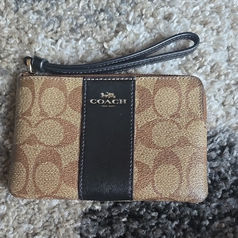 Coach Brown Signature Canvas Wristlet with Black Center Stripe